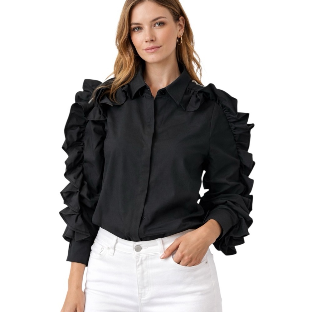 Dramatic Black Zip Ruffle Sleeve Top - Picture 2 of 12